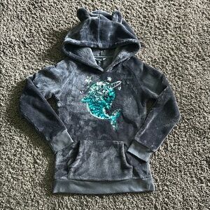 Gray Kids Hoodie with Sequin Narwhal Design (7/8)